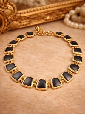 Anne Klein Vintage 80s Black & Gold Link Necklace Bold Statement Designer Collar